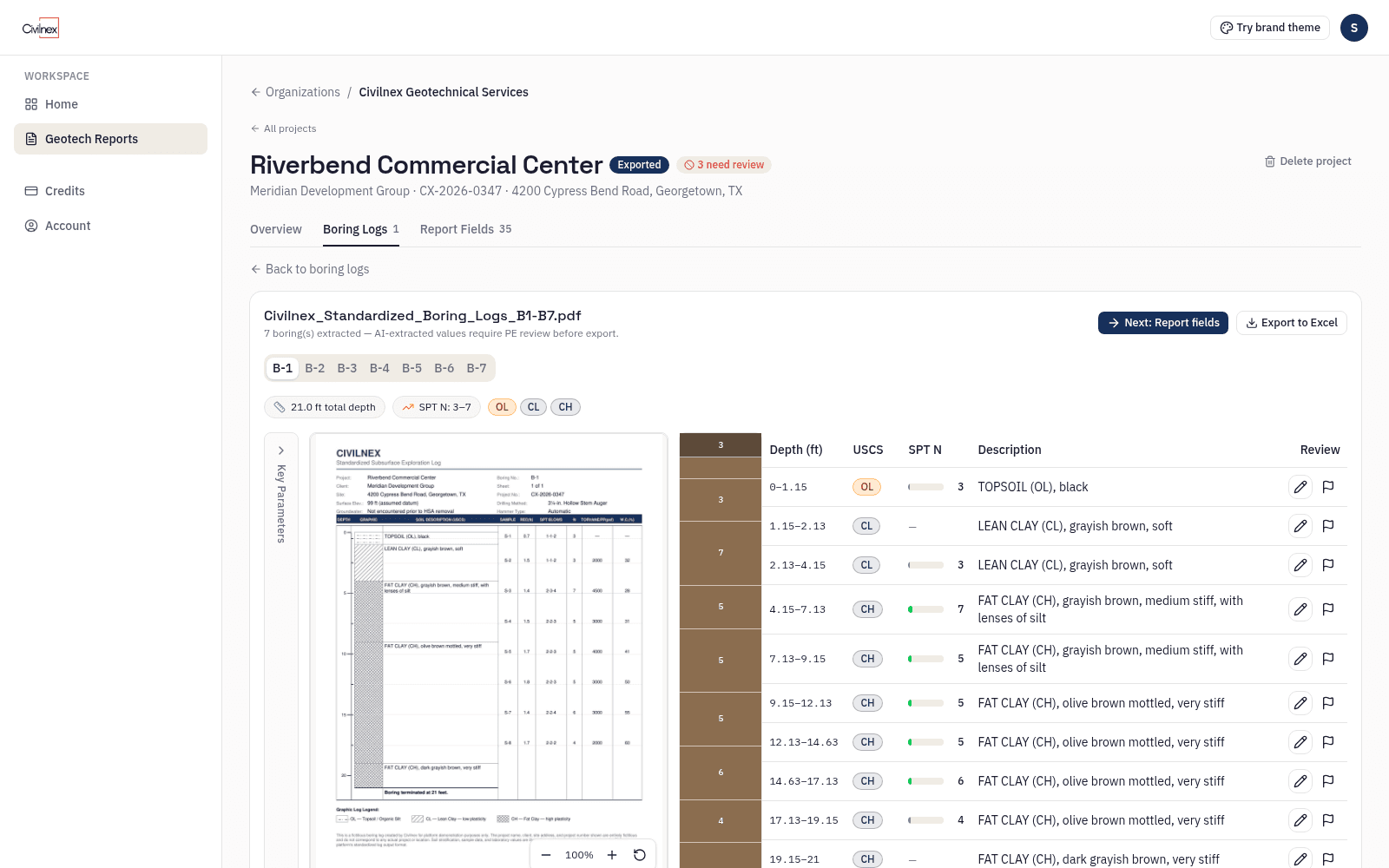 A boring log uploaded to Report Studio with extracted strata and fields